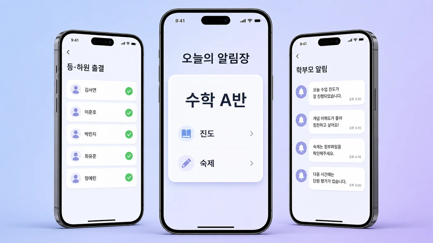학원 알림장 앱 실제 화면